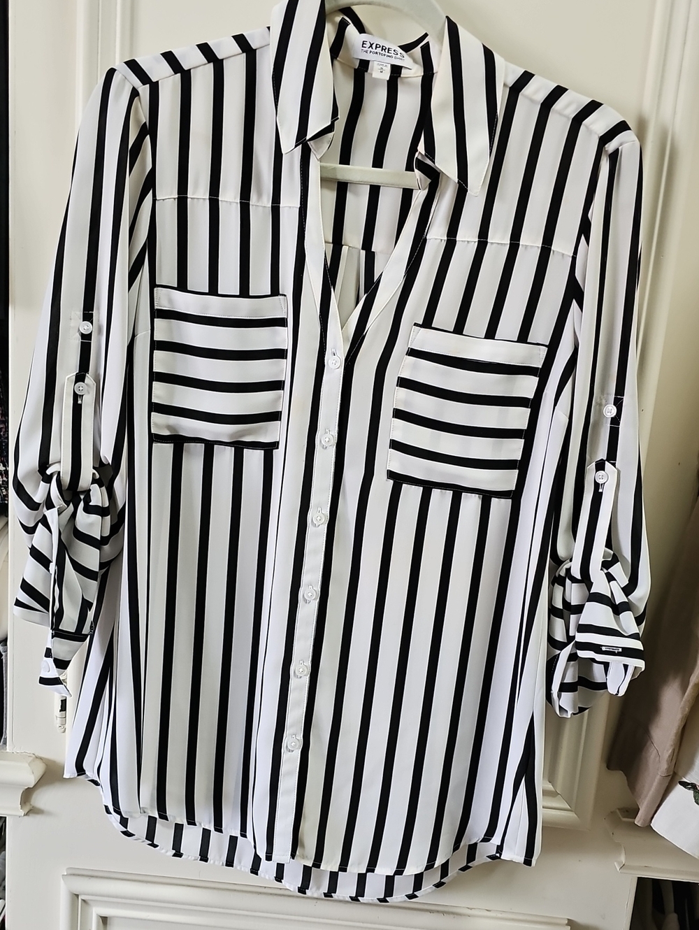 Express Black and White Vertical Stripe Button-Down Blouse